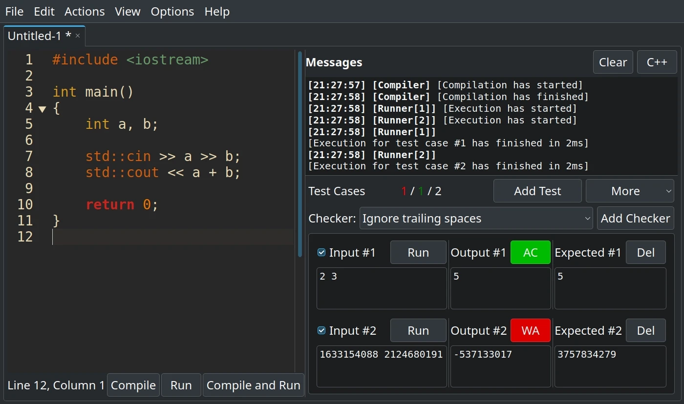 Screenshot of CP Editor with the classic A+B problem